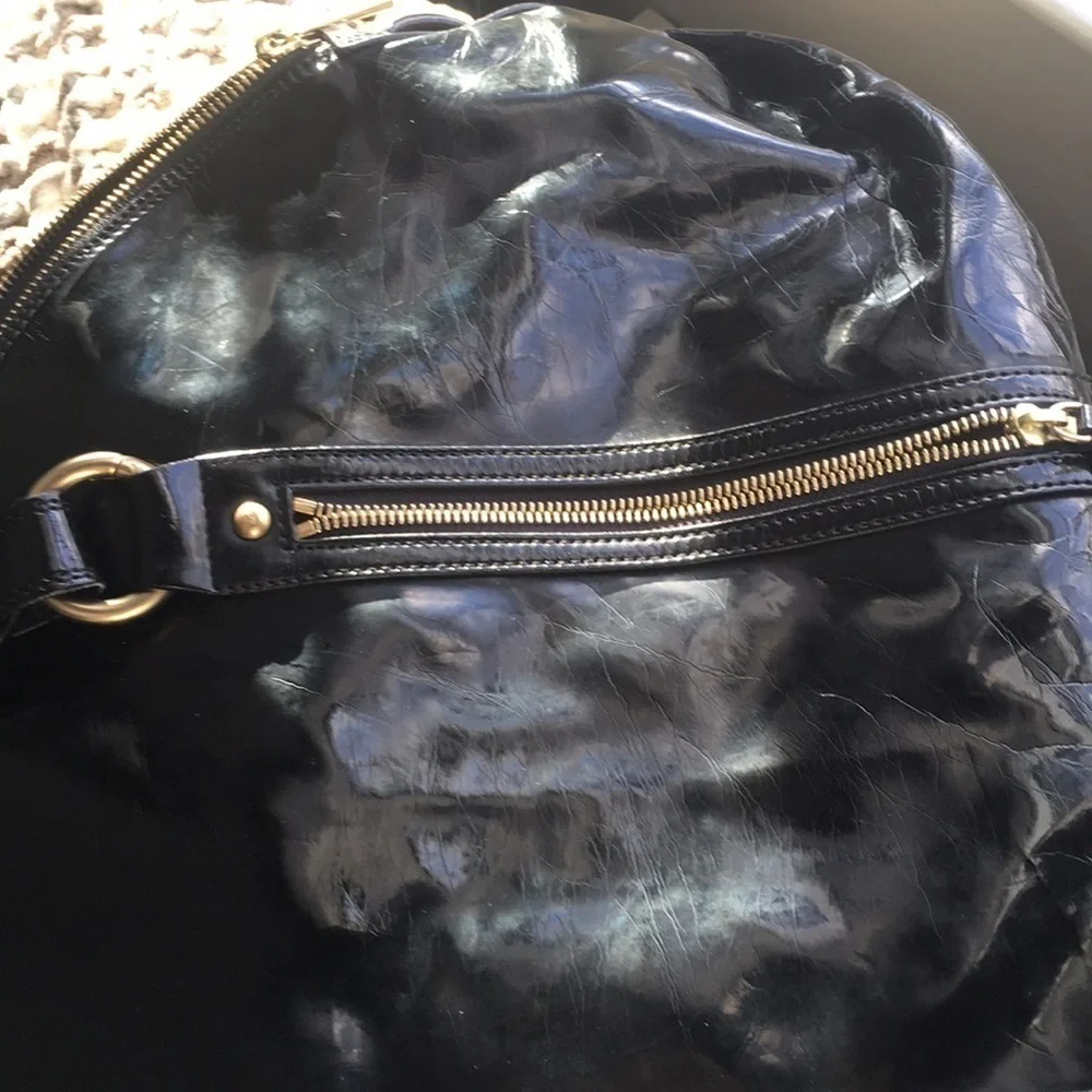 🏆HP🏆 𝅺Authentic EMPORIO ARMANI Crackled Black Patent Bowling Bag w Chains